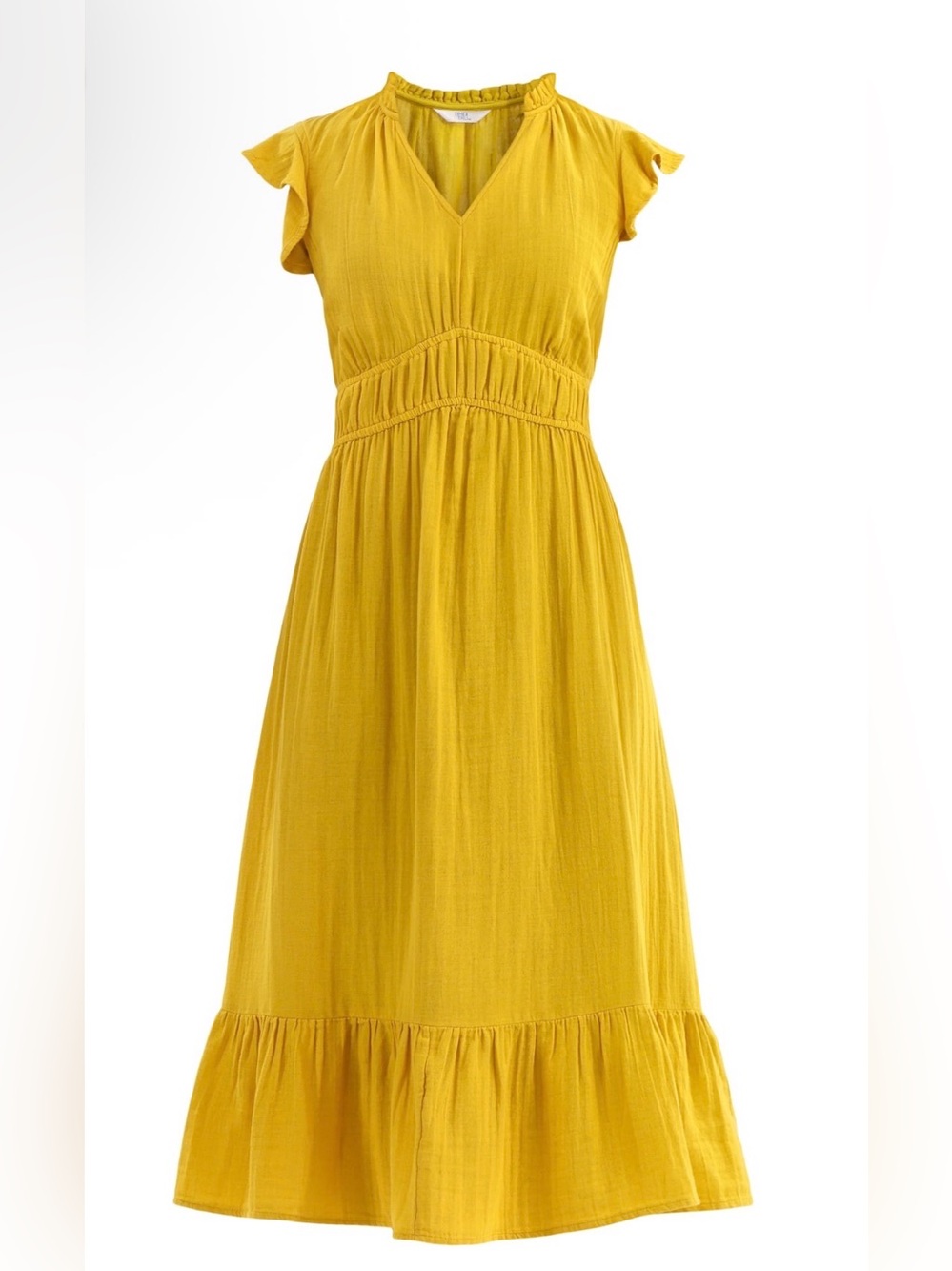 Yellow V-Neck Flutter Sleeve Midi Dress